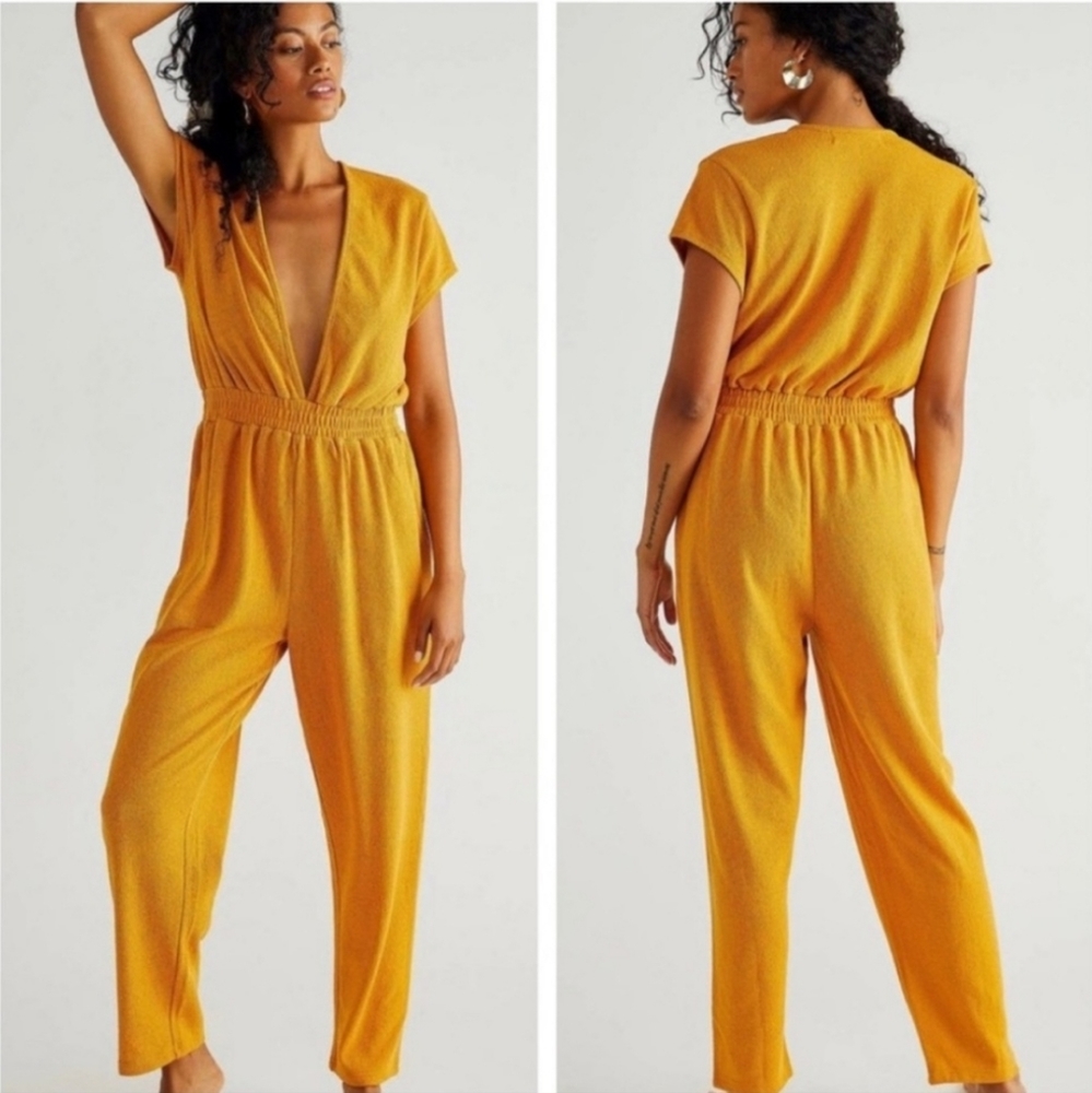 Free People Beach Rita orange gold Terry cloth plunge v neck jumpsuit size XL